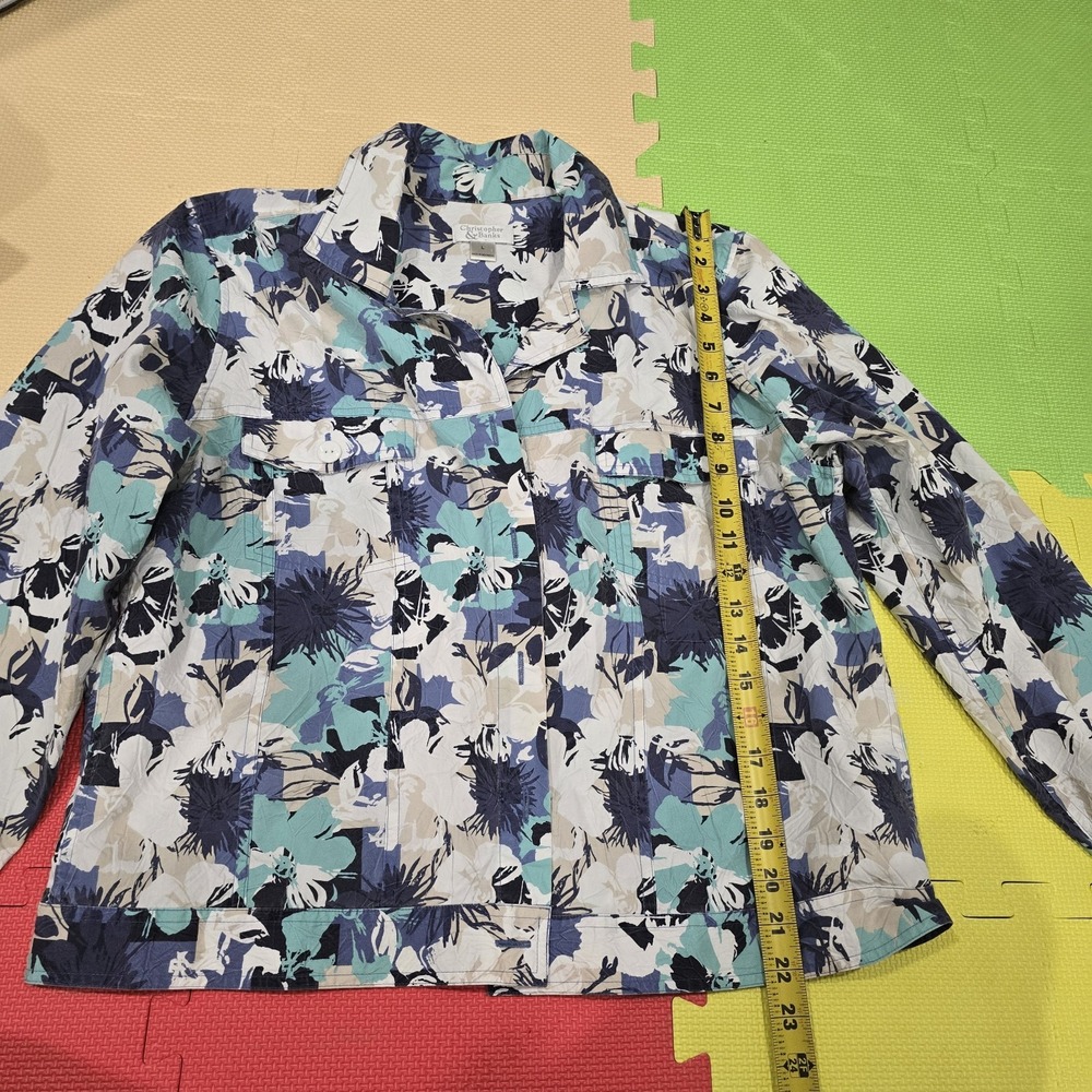 Vintage 90s Christopher & Banks Floral Denim Style Jacket Large L Blue Teal Cott